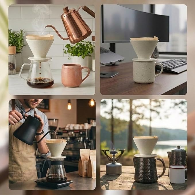 Ceramic Pour Over Coffee Dripper, Reusable Porcelain Portable Pour Over Coffee Maker, Slow Brewing Accessories with 1 Holes for Home, Office, Travel, Camping (Cream)