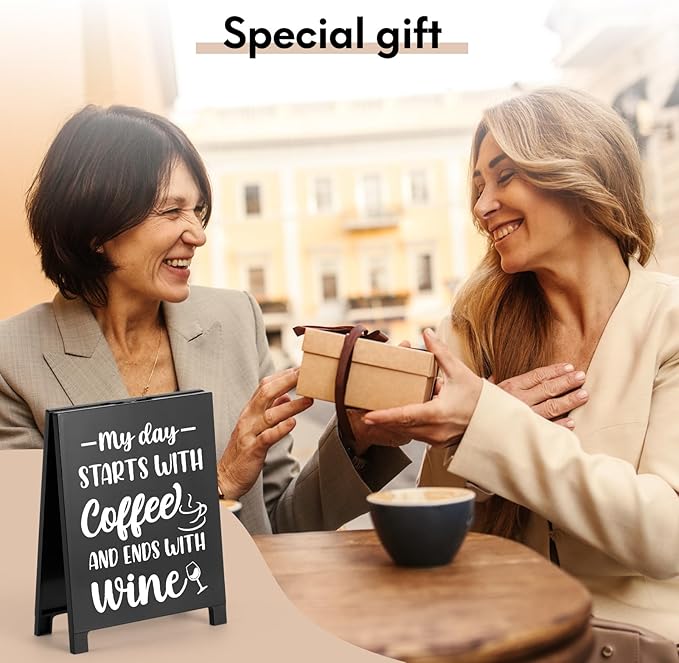 My Day Starts With Coffee Ends With Wine Desk Decor Sign Retro Coffees Shop Table Display for Home Office Kitchen Bar Cafe Counter Bookshelf Christmas Gift for Coffees Lovers Barista Friends