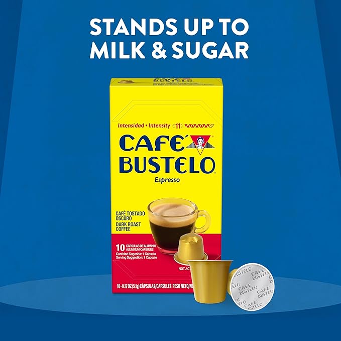 Café Bustelo Aluminum Espresso Capsules, Dark Roast Coffee, Nespresso Original Line Compatible, Intensity 11, 10 Count (Pack of 8)