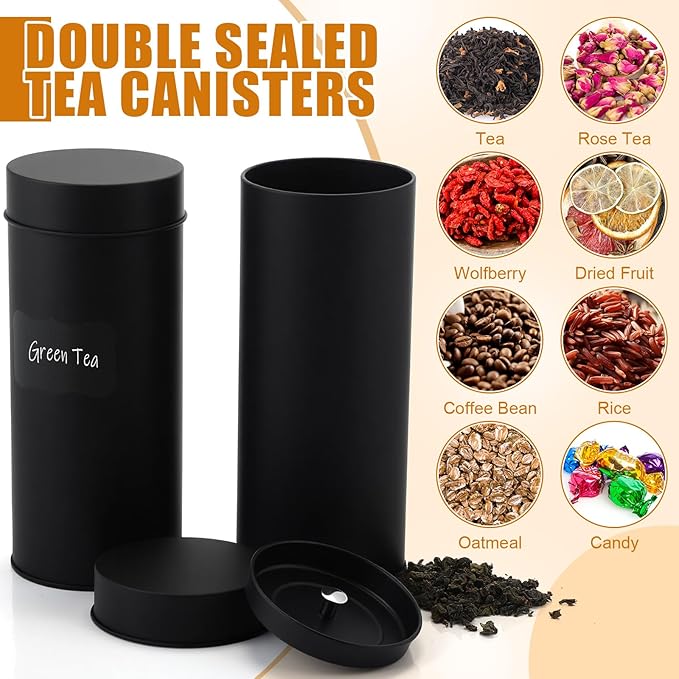 Tanlade 3 Pcs Metal Tea Tin Canister with Airtight Double Lids for Loose Tea Storage 23 oz Round Tin Can with 1 Erasable Chalk Marker and 16 Stickers Kitchen Container for Coffee Candy Spices
