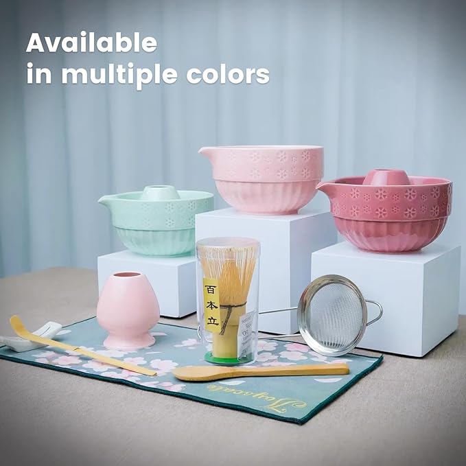 Joyscale Matcha Whisk Set, Matcha Set Whisk And Bowl, 8 Pcs Matcha Kit Set(Cherry Blossom Design), 18 OZ, Japanese Matcha Tea Set, Matcha Making Kit Gifts for Tea Lovers(Pink)