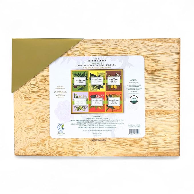 Premium Organic Wooden Tea Sampler Gift Box With 6 Flavors Made With Real Ingredients, Non-GMO and Dye Free, Includes Green Tea, Peach, Mango, Earl Grey, Sleep Blend, Lemon Ginger (60 Bags)