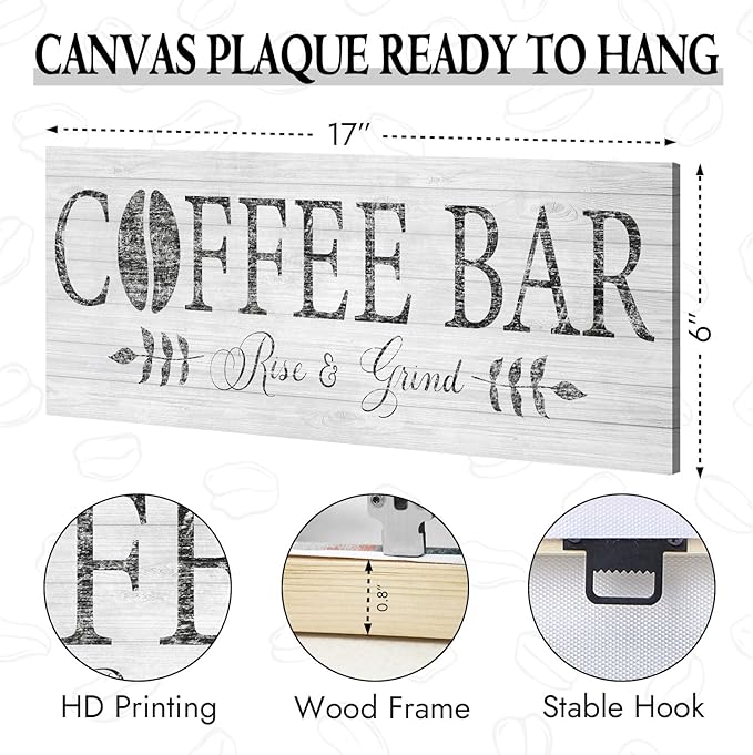 Rise & Grind Coffee Sign Decor Inspirational Canvas Prints Art for Kitchen Farmhouse Shelf Counter Bar Station Decoration 6x17inch