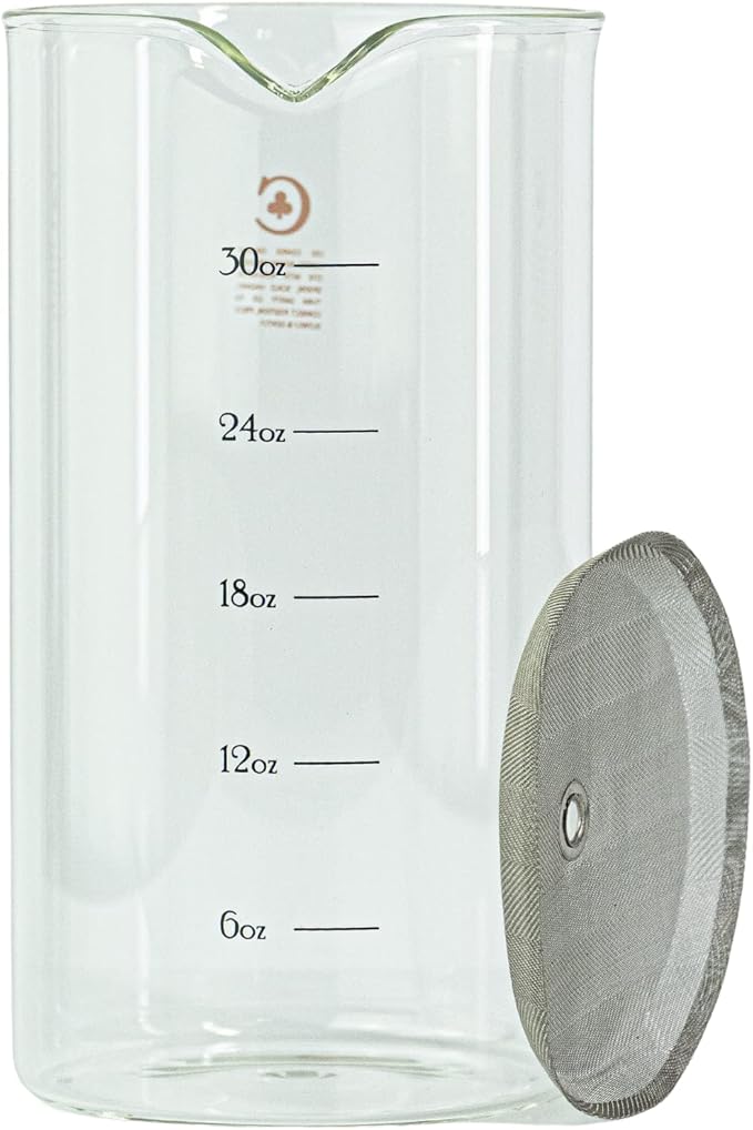 French Press Replacement Glass with Steel Filters by Cafe Crush Club - Fire Hardened Borosilicate Beaker - 34 Ounce | 1 Liter Size with Black Measures