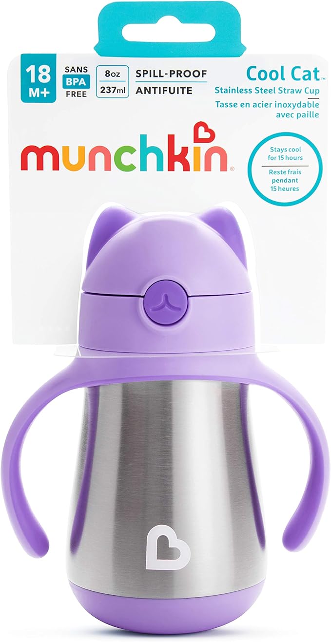 Munchkin Cool Cat Sippy Cup with Straw for Toddlers, Stainless Steel Straw Cup, 8 Ounce, Purple