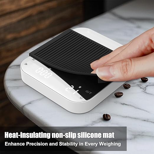 5.9 * 5.1in Coffee Scale with Timer, Diyife 3kg/0.1g High Precision Digital Coffee Scale for Espresso and Pour-Over, Portable, Non-Slip Silicone Mat, Auto-Sleep, White (Type-c Charging Included)