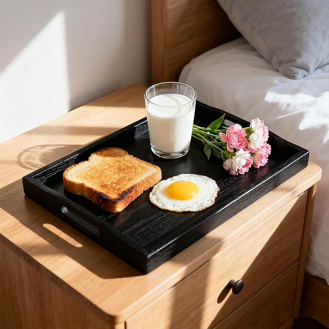 S310 Black Wood Serving Tray with Handles, 17 Inch Wooden Tray for Ottoman, Breakfast, Lunch, Dinner, Decorative Rectangular Tray for Living Room, Kitchen Counter, Outdoor