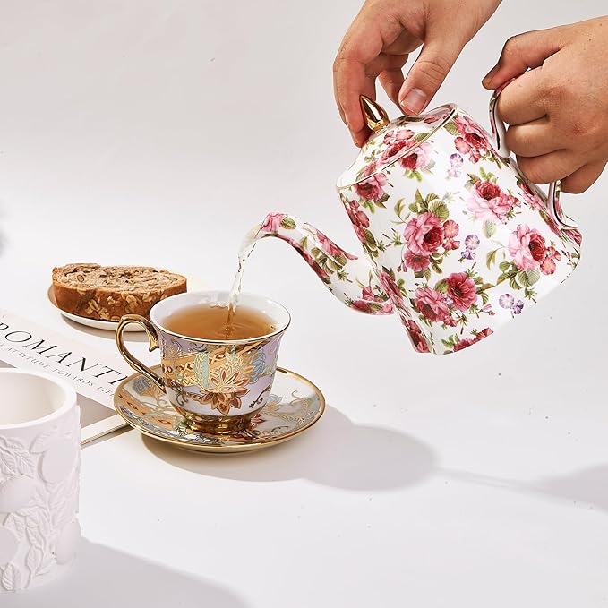 Floral Tea Pot, 30 OZ Ceramic Vintage Teapots, Porcelain Cute Tea Pot with Pink Roses and Gold Trim, Decorative Teapot for Tea Party, Housewarming, Christmas, Thanksgiving Gifts