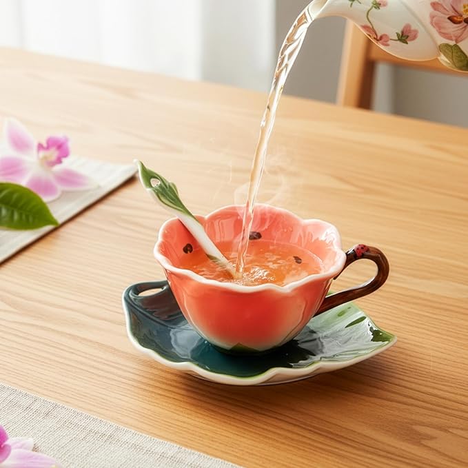 Flower Tea Cup and Saucer, 6 Oz Ceramic Coffee Mug with Spoon, 3D Handmade Vintage Drinking Cups, 3 Pieces Orange Teaware Mug for Women, Mother's Day Birthday Gift Party (Floral and Leaf)