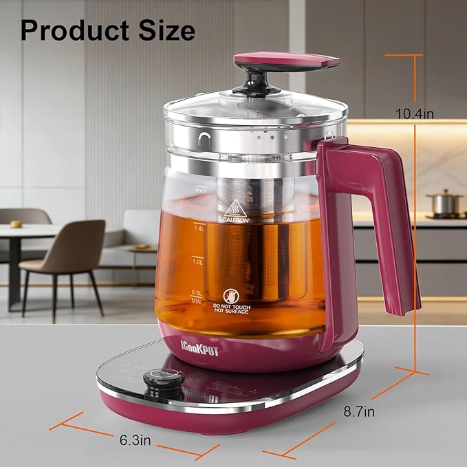 1200w Electric Kettle, 1.5L Borosilicate Glass tea kettle, Hot water kettle electric for Coffee or Tea, BPA Free, Auto Shut-Off, Stainless Steel, Fast Boil, Red