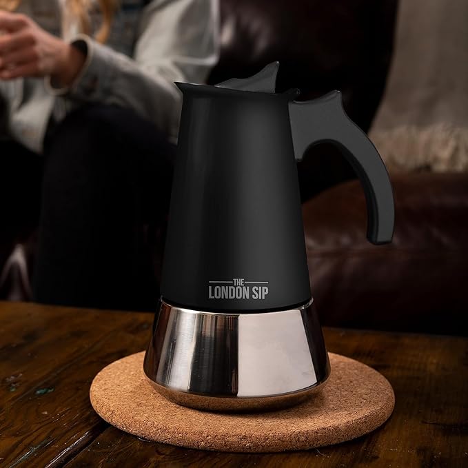 London Sip Stainless Steel Stovetop Espresso Maker Moka Pot Italian Coffee Percolator, Matte Black, 6 Cup