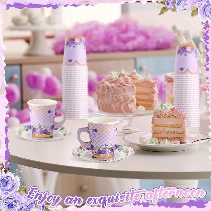 Tioncy 100 Pcs Tea Party Decorations Include 50 Pieces 9 oz Paper Tea Cups with Handle and 50 Plates Disposable Teacups and Saucers Sets for Birthday(Flower)