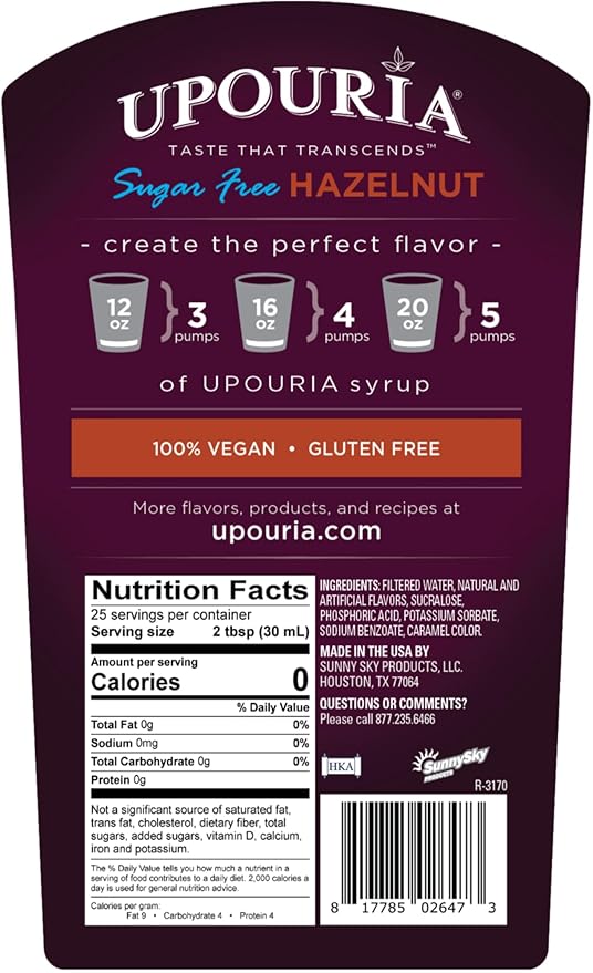 Upouria Coffee Syrup Sugar Free Variety Pack: French Vanilla, Caramel and Hazelnut, 100% Vegan, Gluten Free, Kosher, Keto, 750 mL Bottle (Pack of 3) - Pump Sold Separately