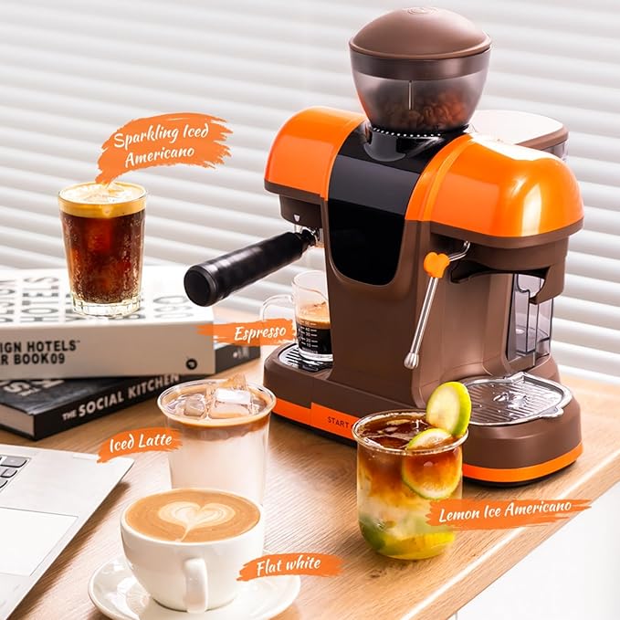 20 Bar Espresso Machine with Grinder & Steam Wand - Semi Automatic Coffee Maker, NTC Intelligent Temp Control, 58mm Stainless Steel Portafilter, One-Touch Panel for Home Barista (Removable Water Tank)