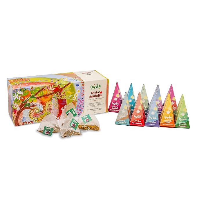 Lazika Tea Sampler with Lovely Presentation Box, 20 Counts, 4 of Each Blend Individually Wrapped, Black, Green and Herbal Tea Variety Gift Set, Premium Collection with Pyramid Infuser Bag, Handcrafted
