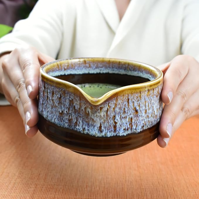 Artcome Matcha Tool Set - Complete Kit with Matcha Bowl with Spout, Bamboo Whisk, Tea Scoop & Whisk Holder, Golden Glaz