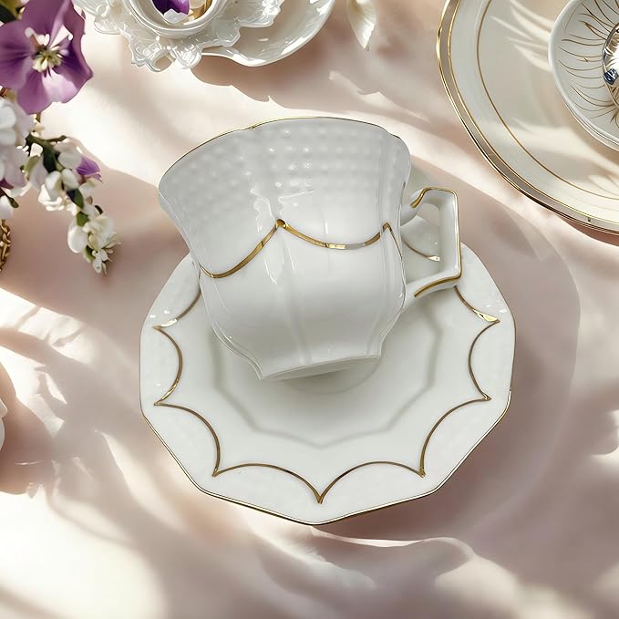 Tea Cup and Saucer Set for 1, Coffee Cup with Saucer and Spoon, Espresso Latte Cup for Women Gift, Dishwasher Safe, 6.8 Oz