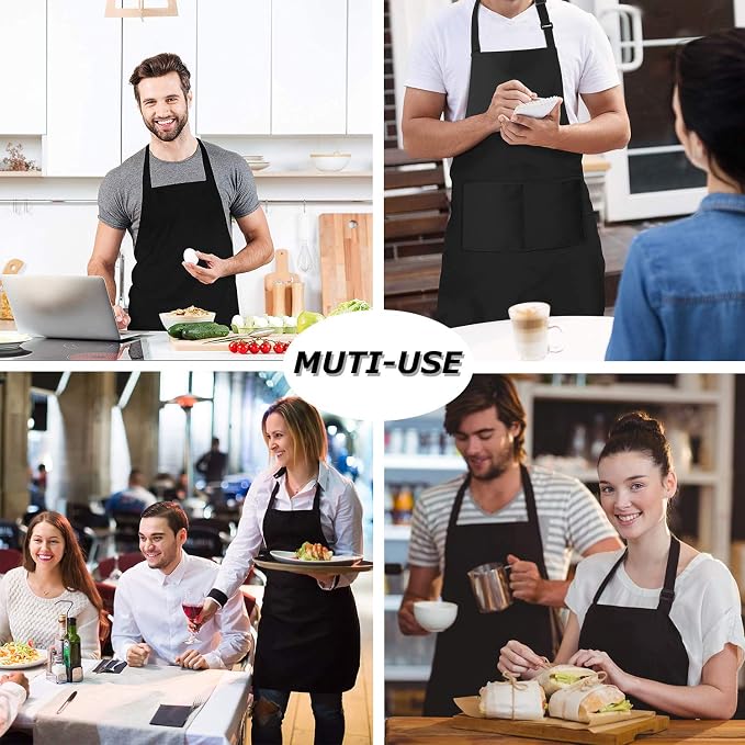 4 Packs Chef Apron, Black Waterproof Apron, Adjustable Aprons with 2 Pockets for Men Women, Professional Aprons for Kitchen Cooking Gardening Painting Baking Restaurant (Black) - Image 7