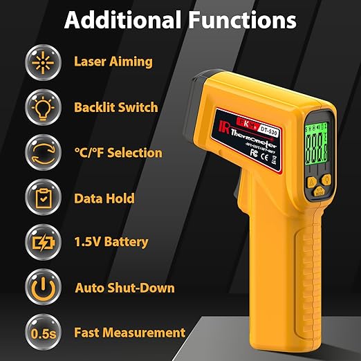 FKM Infrared Thermometer Gun Non-Contact Laser Temperature Gun,-58°F~986°F(-50°C~530°C) AdjustableEmissivity,Digital Thermometer Gun for Industrial,Kitchen Cooking,Oven,Automotive,HVAC,Not for Human