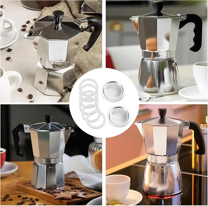 Moka Pot Spare Parts Replacement for Bialetti 3/4 Cups, Moka Pot 3 Cup Silicone Gasket and Food-grade Aluminum Filter Plate Compatible with Moka Express, Fiammetta Moka Pots, 6 Pcs Gasket and 2 Plate.