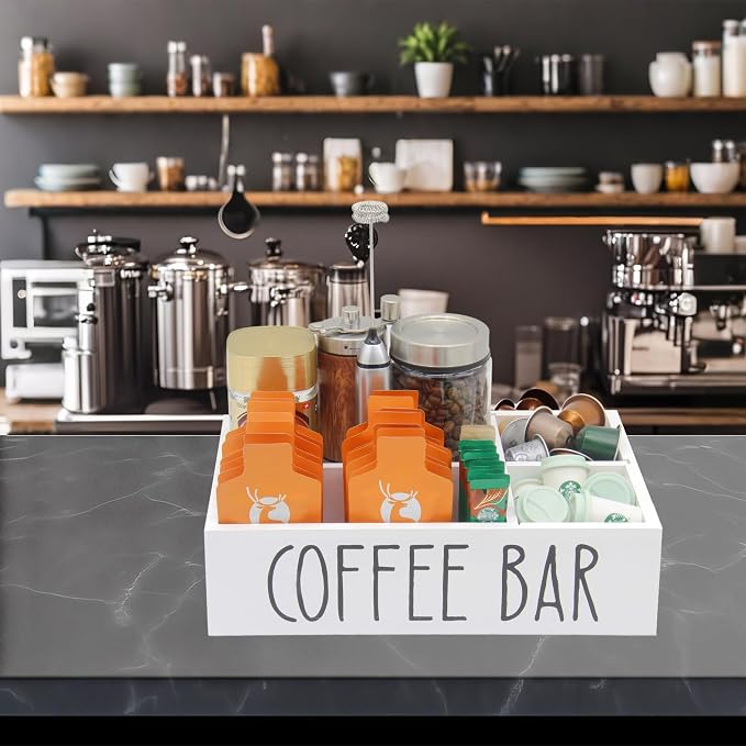 Coffee Station Organizer with Removable Dividers Disposable Cup Holder Wooden Countertop Organizer for Tea Condiment Accessories Storage Farmhouse Bar Decor Black (White) - Image 6