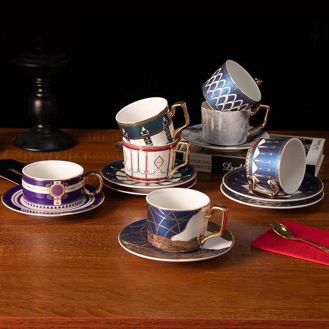 KAMMAK Tea Cups and Saucers Set of 2, Fine Bone China Coffee Cups, Stackable Espresso Mugs, Ceramic Demitasse for Coffee, Cappuccino, Latte, Americano, Tea, Matte Blue