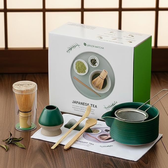 Matcha Whisk Set, 8-Piece Matcha Set & Matcha Kit with Ceramic Bowl, Whisk, Stainless Steel Sifter, Spoon & Natural Wood Holder, for Matcha Lovers(Agate Green)
