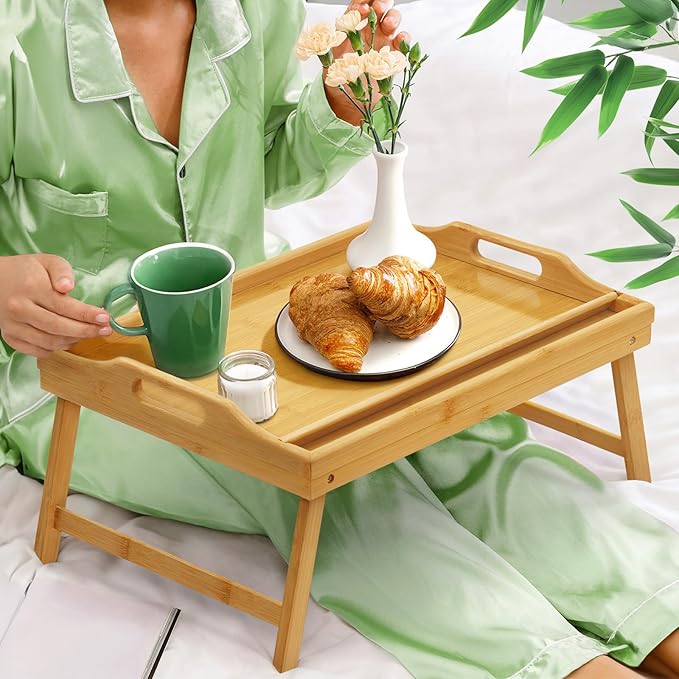 Tray Table for Bed, Bamboo Breakfast Tray with Folding Legs and Handles, Natural Color Bed Tray with Media Slot, Ideal for Eating, Serving or Working in Kitchen, Sofa or Bedroom