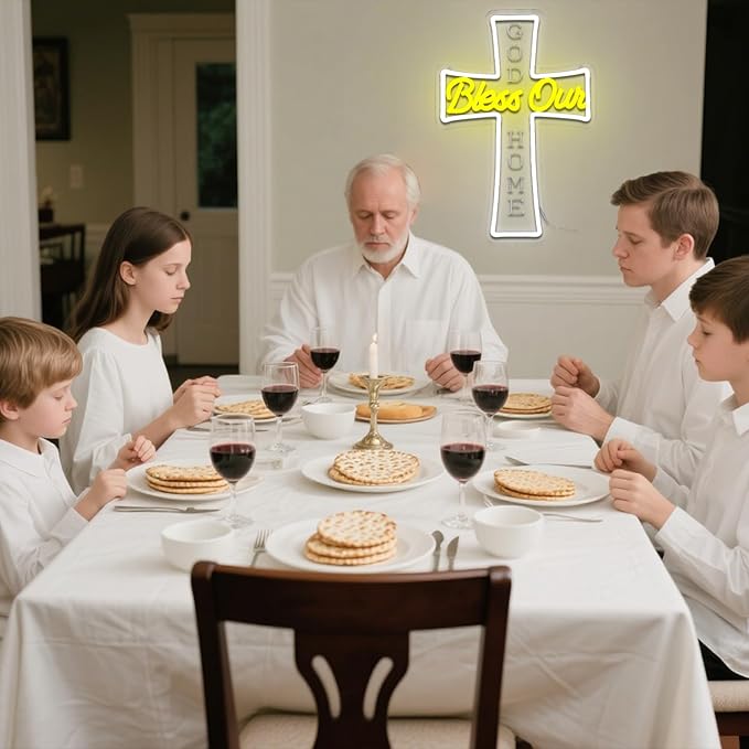 God Bless Our Home Neon Sign for Wall Decor Dimmable Jesus Cross Led Sign for Christian Home Neon Light for Church Party Christams Decoration Prayer Room Religious Gift