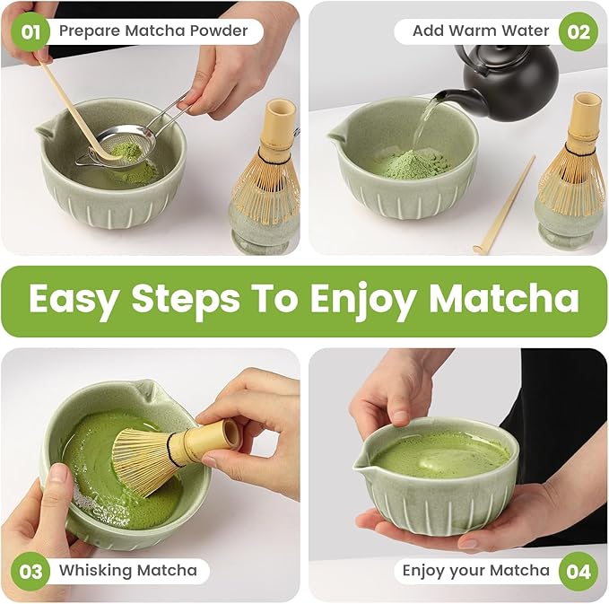 Farielyn-X Matcha Whisk Set, Japanese Tea Set (5pcs) includes Matcha Bowl with Spout (19 oz), Bamboo Whisk, Matcha Scoop, Matcha Whisk Holder (Chasen Holder), Stainless Steel Sifter, Macha Kit