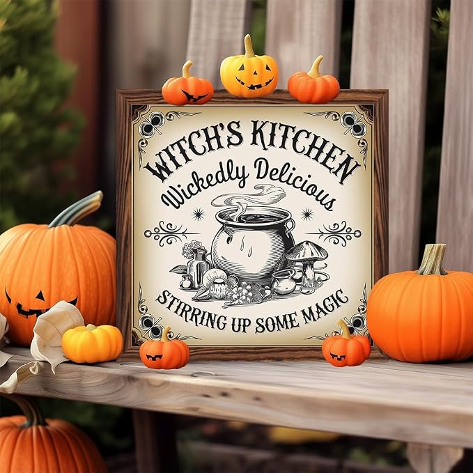 Vintage Halloween Witches Kitchen Stirring Up Some Magic Wooden Sign, With Frame Witch Cauldron Sign for Home Kitchen, Cafe, Bedroom Halloween Decor 7.87x7.87 Inch - Image 7