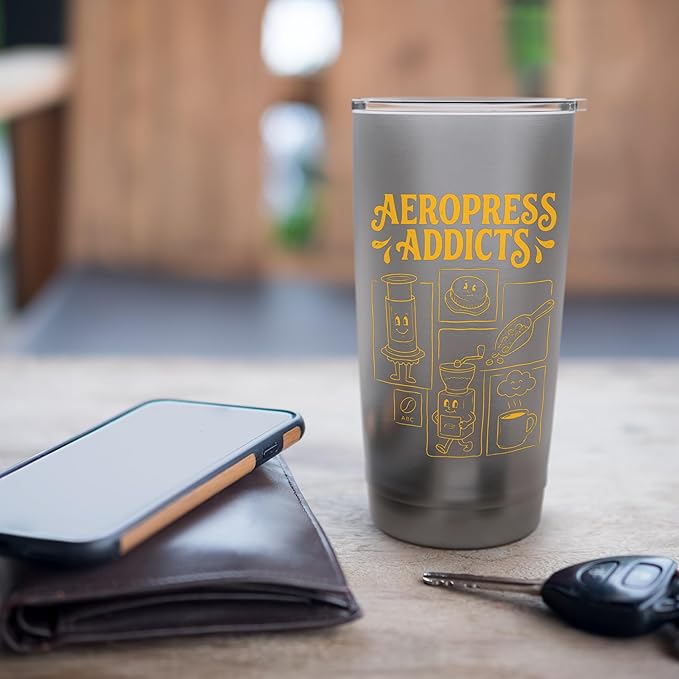 Kawaii Coffee Brewing Characters Shirts AeroPress Addicts Stainless Steel Insulated Tumbler