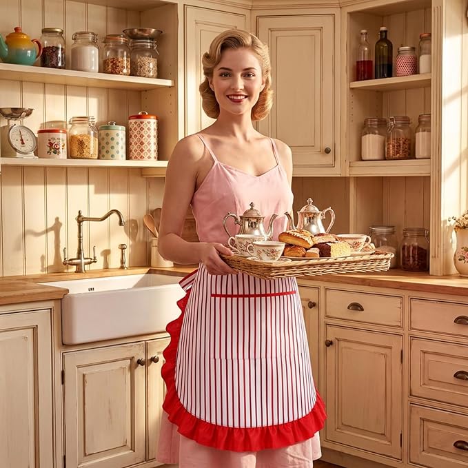 3pcs Soda Jerk Costume, 1950s Waiter Costume Kit, Red And White Striped Apron with Pocket, Adjustable Red Bow Ties, Chef Hat for Retro Party, Diner Role Play - Image 8