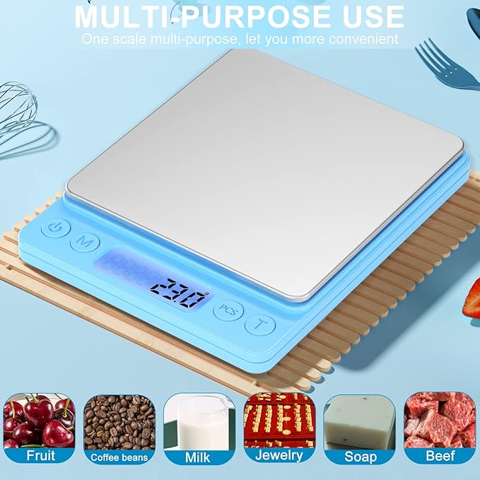 Digital Food Scale for Food Ounces and Grams,YONCON 3000g/0.1g Accuracy Multifunctional Kitchen Scale for Cooking, Baking | Small Size for Easy Storage | 2 Trays,Tare Function