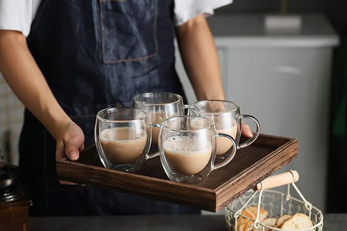 KitchenTour Insulated Coffee Mug 8 oz- Double Wall Glass Coffee Cup with Handle Set of 4 - Clear Glass Drinkware for Espresso,Cappuccino, Latte,Hot Beverages