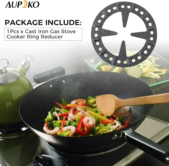 Aupoko Wok Ring for Gas Stove Compatible with Bialetti Moka Pot Accessories Smaller Pans Espresso Makers (5.04-Inch) Cast Iron Heat Diffuser Wok Stand