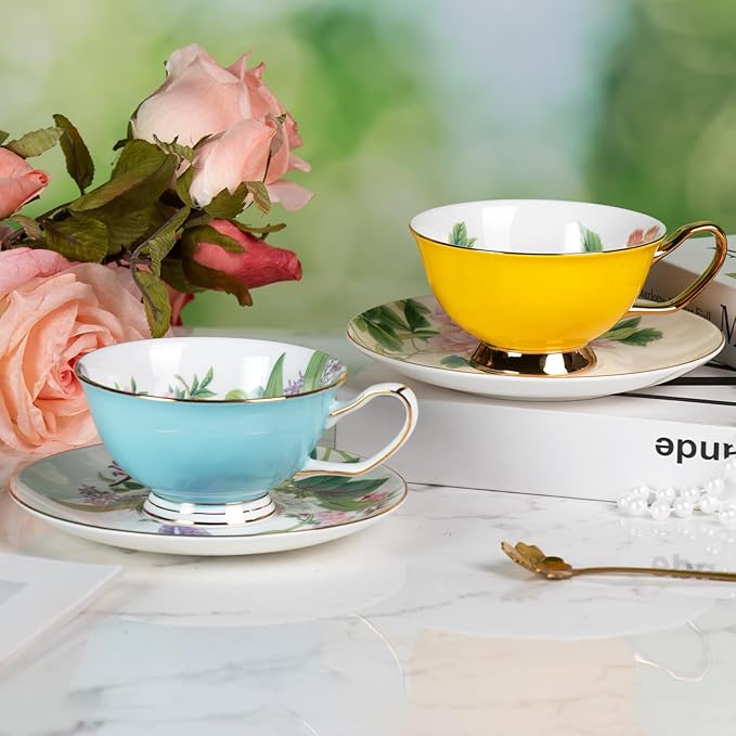 KAMMAK Tea Cups and Saucers Set of 2, Fine Bone China Coffee Cups, Stackable Espresso Mugs, Ceramic Demitasse for Coffee, Cappuccino, Latte, Americano, Tea, Peony + Hydrangea