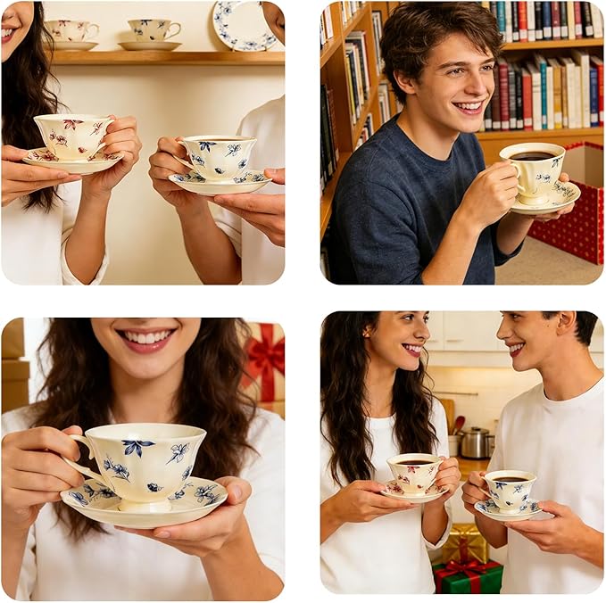 Fancy Ceramic Tea Cups and Saucers Set of 2, 8 oz Cappuccino Cups with Gold Spoons, Small Cream Blue & Red Floral Latte Art Cups, Happy Birthday Gifts