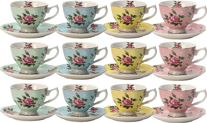 BTaT- Floral Tea Cups and Saucers, Set of 12, 8 oz, Fine Porcelain Teacup Set with Gold Trim for Afternoon Tea, Weddings, Parties & Gifting, Dishwasher Safe, Lightweight, Non-Toxic