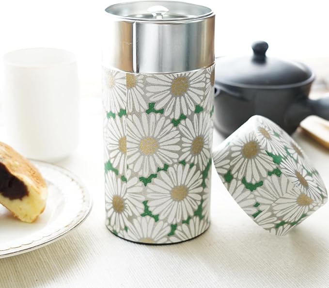 Kyoto Floral Tin Tea Canister - 7 oz Traditional Japanese Yuzen Paper Design, Airtight Storage for Fresh Tea Leaves, Ideal for Tea Ceremony Accessories Collection (Green)