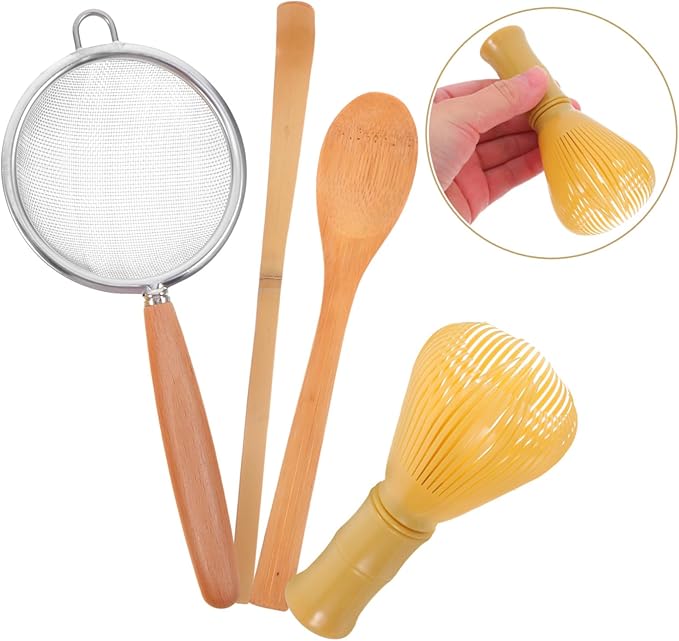 1Set Traditional Matcha Tool Kit Reusable Whisk Tea Scoop Spoon Fine Mesh Strainer for Home Milk Tea Shops for Smooth Matcha Juice Preparation