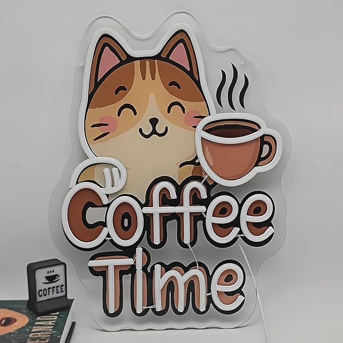 Coffee Neon Sign - "Coffee Time" Cute LED Light for Kitchen, Dining Room, Office - Fun and Cute Decoration for Your Place 13.9" X14.2"