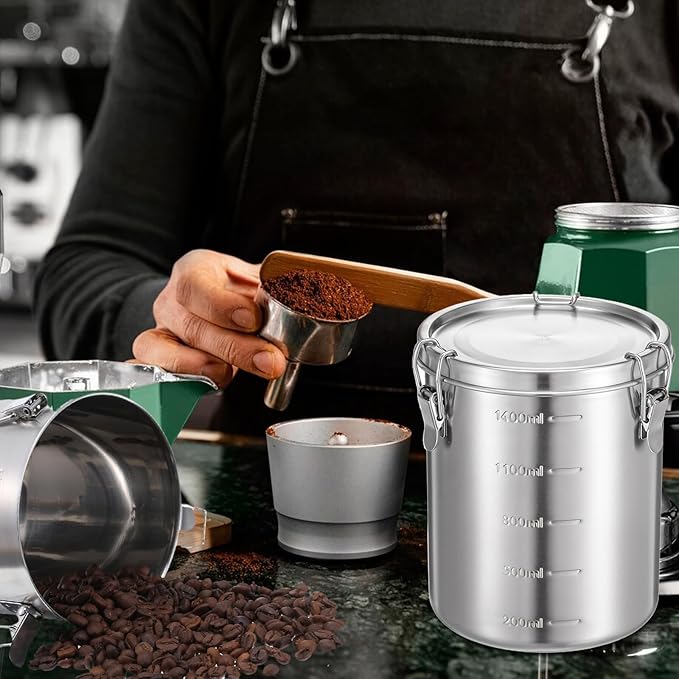 Stainless Steel Coffee Canister for Ground Coffee | 100% Airtight Metal Food Storage Container with Lid Sealed - Keep CoffeeS Beans, Sugar, Tea Fresh for Months (56 fl oz)