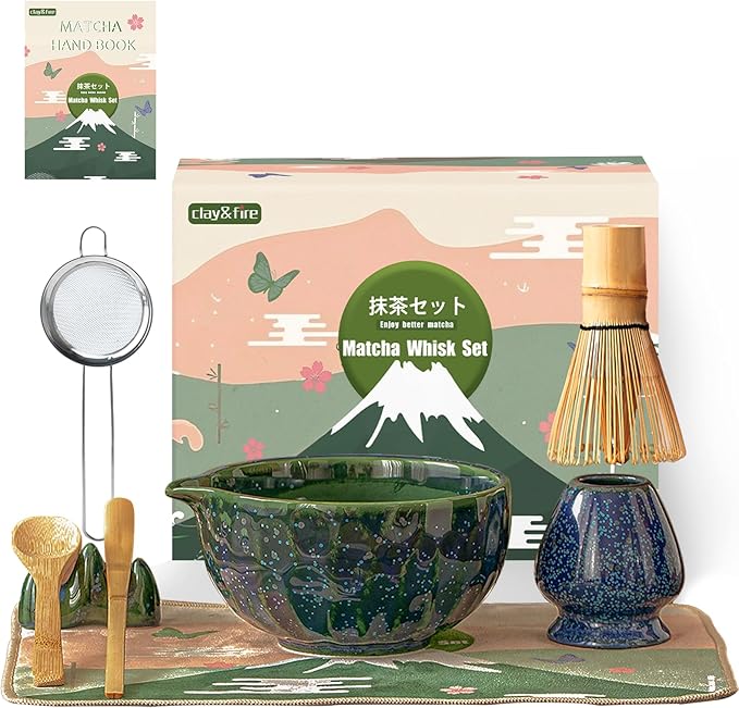 Clay&Fire Matcha Whisk Set,9 Pcs Ceramic Matcha Set, 15 OZ Matcha Bowl with Spout and Whisk for Friend, Ideal Gift for Matcha Lover(Starry)