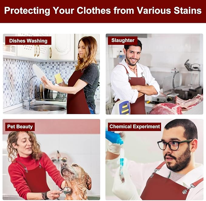 SHEOMERN 2 Pack Heavy Duty Vinyl Dishwasher Apron Adjustable Cross Back Strap for Dishwasher, Butcher, Dog Grooming, Chemical Resistant, 43" Long Thicker Apron Red
