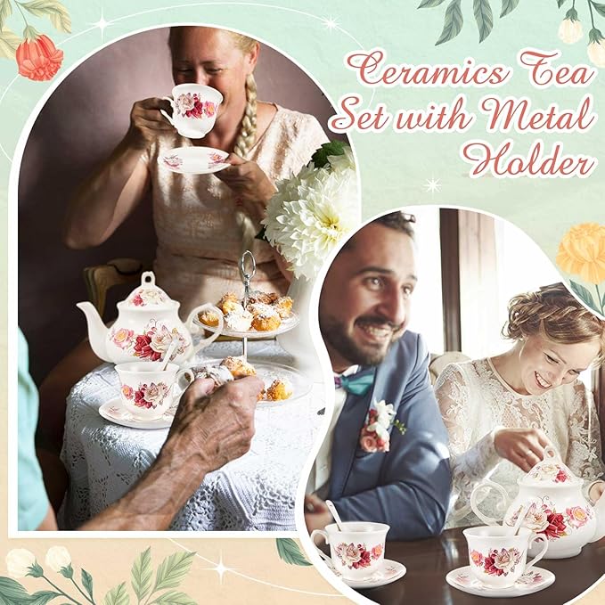 Zhehao 20 Pcs Porcelain Tea Set with Metal Holder and Spoon Adult Ceramic Tea Set European Flower Painting Teapot Cup Saucer Spoon for Women, Large Version(Grace Style)