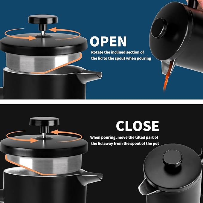 MERMOO YILAN French Press 34oz Insulated Stainless Steel Coffee Maker Unbreakable Coffee Press Easy to Clean for Home, Camping, Travel (Black)