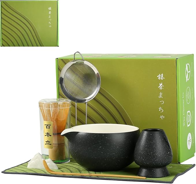 Matcha Whisk Set, Ceramic Matcha Bowl with Spout, Bamboo Whisk, Scoop, Sifter, Holder, Tea Towel, 7-Piece Matcha Kit for Making Breakfast/Latte