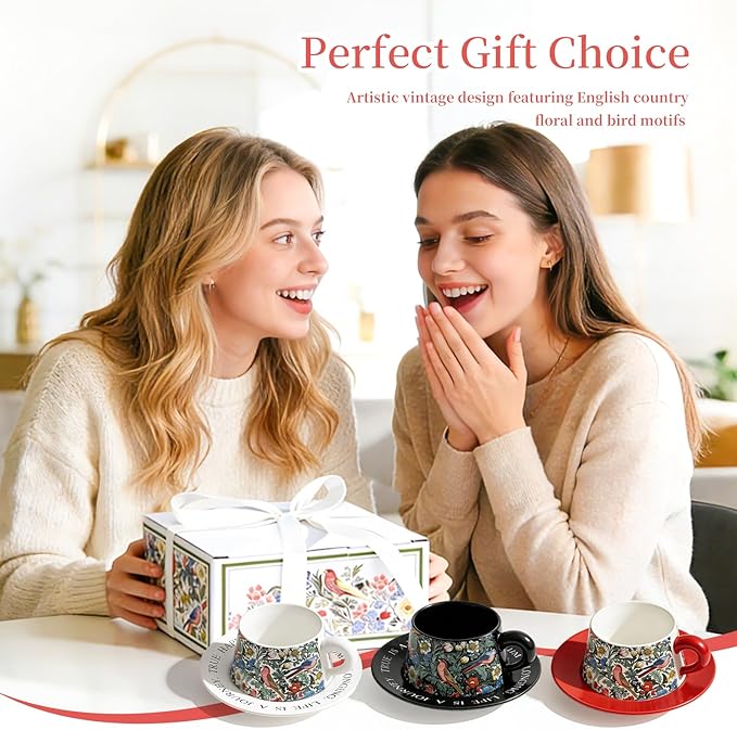 Ceramic Cup and Saucer Set, Luxurious Coffee/Tea Mug, Vintage Beautifully Printed Cups with Handle Practical Gifts for Women Housewarming/Birthday/New Year/Valentine's Day/Mother's Day, 8.8oz (White)