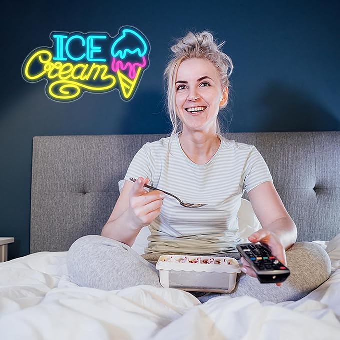 Ice Cream Neon Sign for Wall Decor, Ice Cream Shaped LED Signs Colorful Neon Light Up Sign USB Dimmable Letter Neon Wall Sign for Bedroom Restaurant Cafe Drink Bar Business Ice Cream Shop